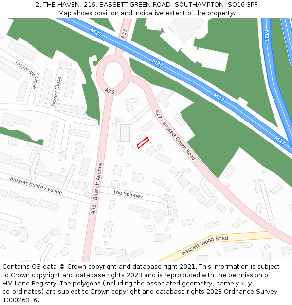 2, THE HAVEN, 216, BASSETT GREEN ROAD, SOUTHAMPTON, SO16 3PF: Location map and indicative extent of plot