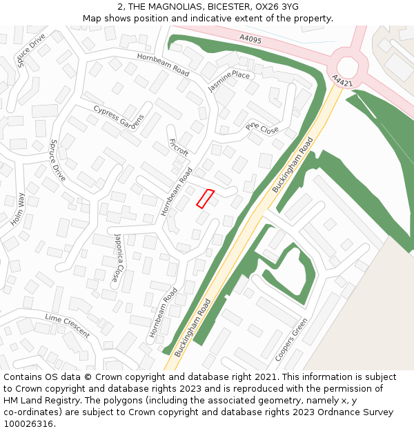 2, THE MAGNOLIAS, BICESTER, OX26 3YG: Location map and indicative extent of plot
