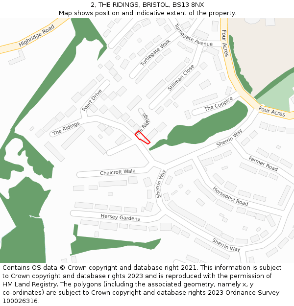 2, THE RIDINGS, BRISTOL, BS13 8NX: Location map and indicative extent of plot