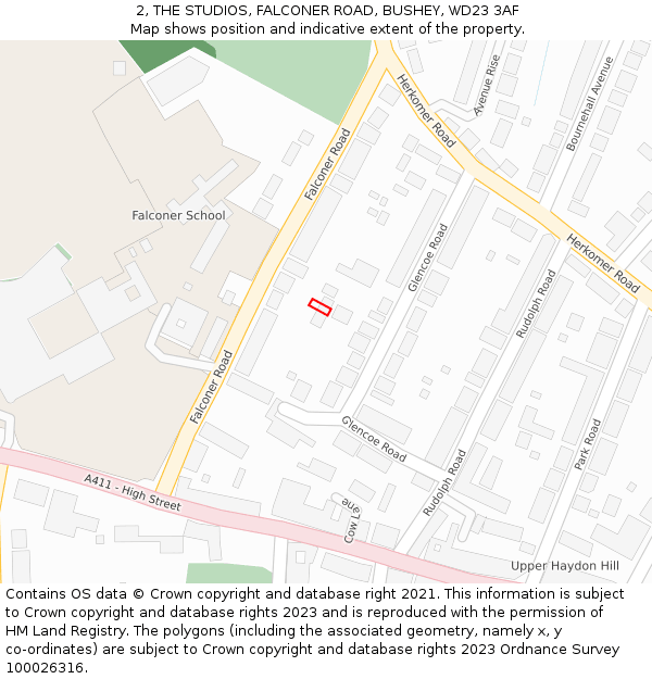 2, THE STUDIOS, FALCONER ROAD, BUSHEY, WD23 3AF: Location map and indicative extent of plot