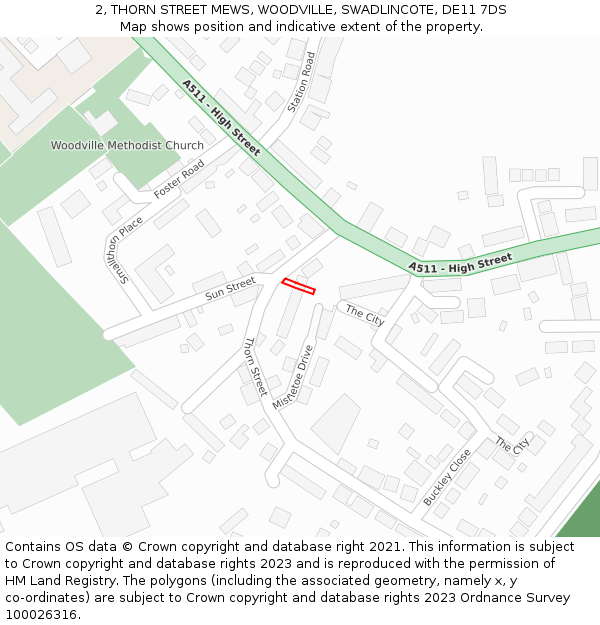 2, THORN STREET MEWS, WOODVILLE, SWADLINCOTE, DE11 7DS: Location map and indicative extent of plot