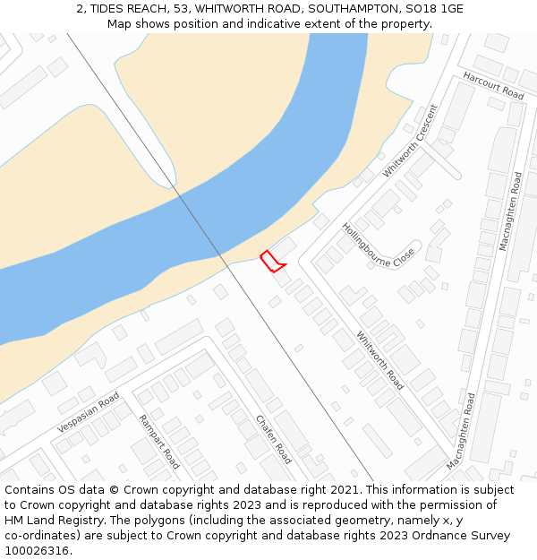 2, TIDES REACH, 53, WHITWORTH ROAD, SOUTHAMPTON, SO18 1GE: Location map and indicative extent of plot