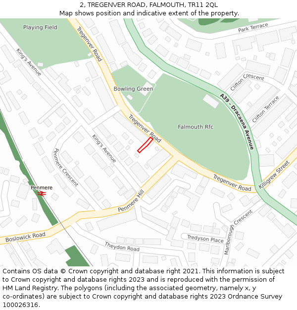 2, TREGENVER ROAD, FALMOUTH, TR11 2QL: Location map and indicative extent of plot