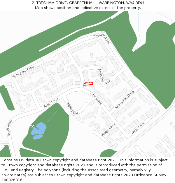 2, TRESHAM DRIVE, GRAPPENHALL, WARRINGTON, WA4 3DU: Location map and indicative extent of plot