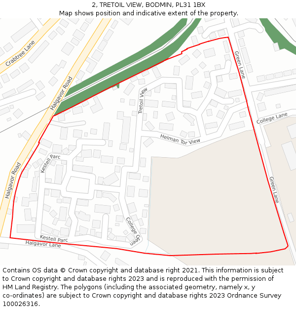 2, TRETOIL VIEW, BODMIN, PL31 1BX: Location map and indicative extent of plot