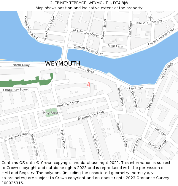 2, TRINITY TERRACE, WEYMOUTH, DT4 8JW: Location map and indicative extent of plot