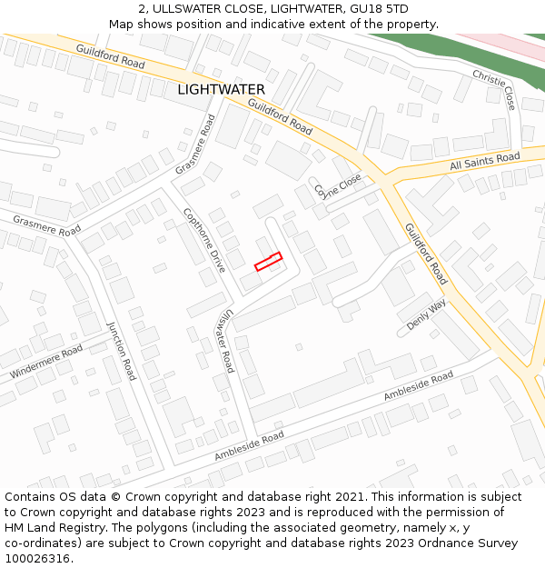 2, ULLSWATER CLOSE, LIGHTWATER, GU18 5TD: Location map and indicative extent of plot