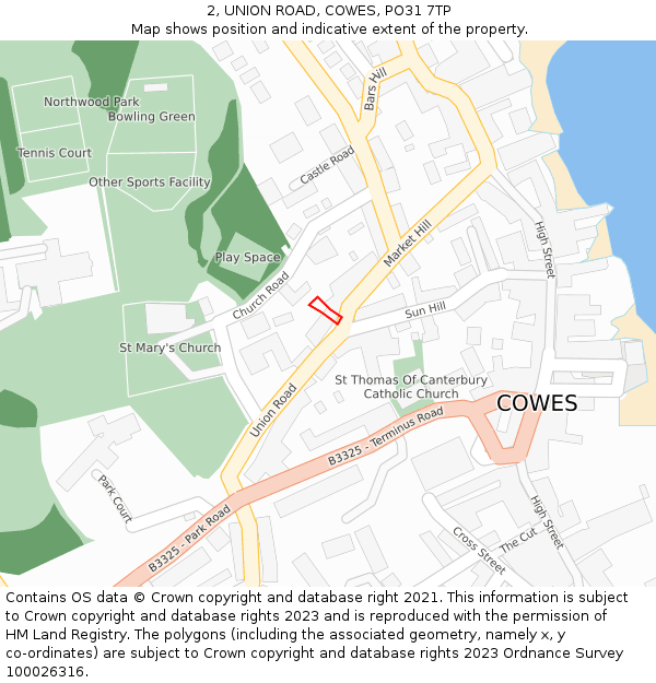 2, UNION ROAD, COWES, PO31 7TP: Location map and indicative extent of plot