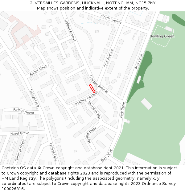 2, VERSAILLES GARDENS, HUCKNALL, NOTTINGHAM, NG15 7NY: Location map and indicative extent of plot