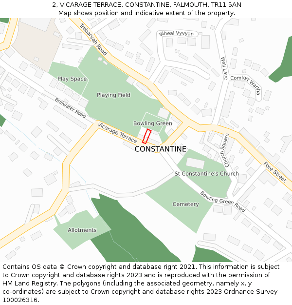 2, VICARAGE TERRACE, CONSTANTINE, FALMOUTH, TR11 5AN: Location map and indicative extent of plot