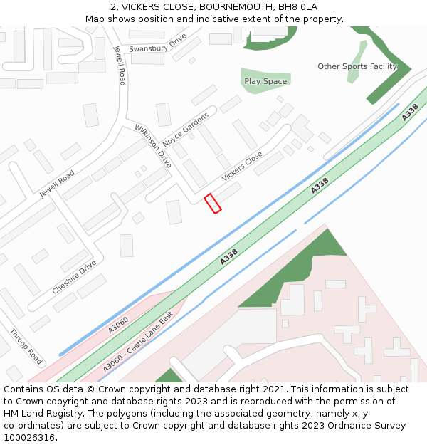 2, VICKERS CLOSE, BOURNEMOUTH, BH8 0LA: Location map and indicative extent of plot