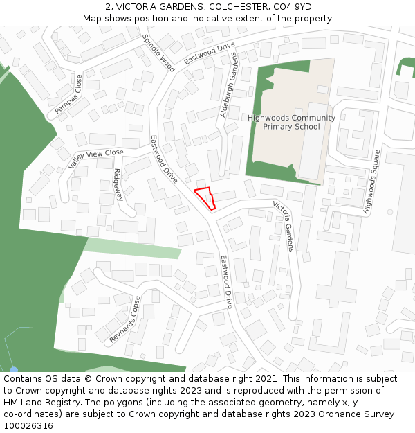 2, VICTORIA GARDENS, COLCHESTER, CO4 9YD: Location map and indicative extent of plot