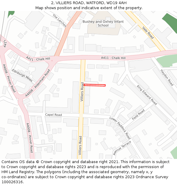 2, VILLIERS ROAD, WATFORD, WD19 4AH: Location map and indicative extent of plot