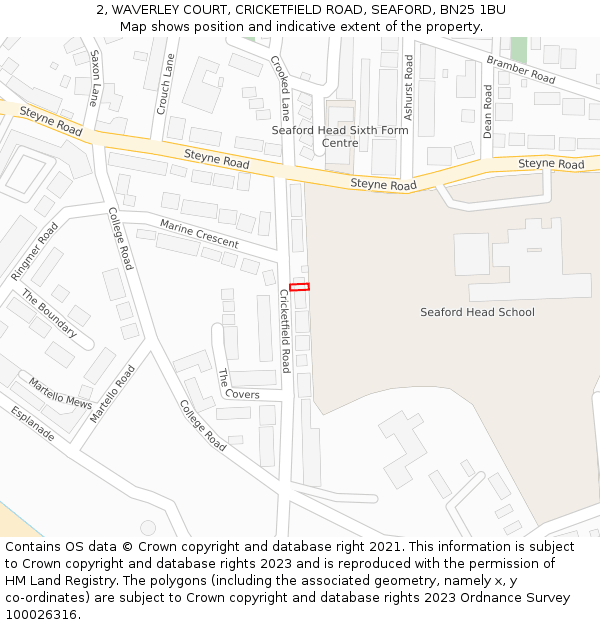 2, WAVERLEY COURT, CRICKETFIELD ROAD, SEAFORD, BN25 1BU: Location map and indicative extent of plot