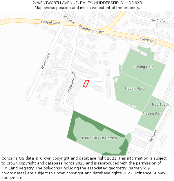 2, WENTWORTH AVENUE, EMLEY, HUDDERSFIELD, HD8 9XR: Location map and indicative extent of plot