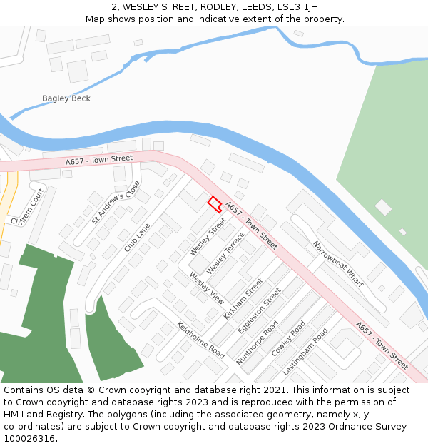 2, WESLEY STREET, RODLEY, LEEDS, LS13 1JH: Location map and indicative extent of plot