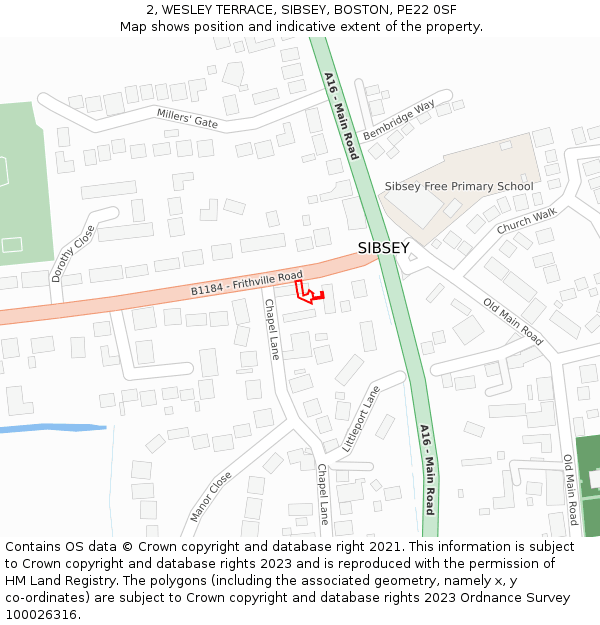 2, WESLEY TERRACE, SIBSEY, BOSTON, PE22 0SF: Location map and indicative extent of plot