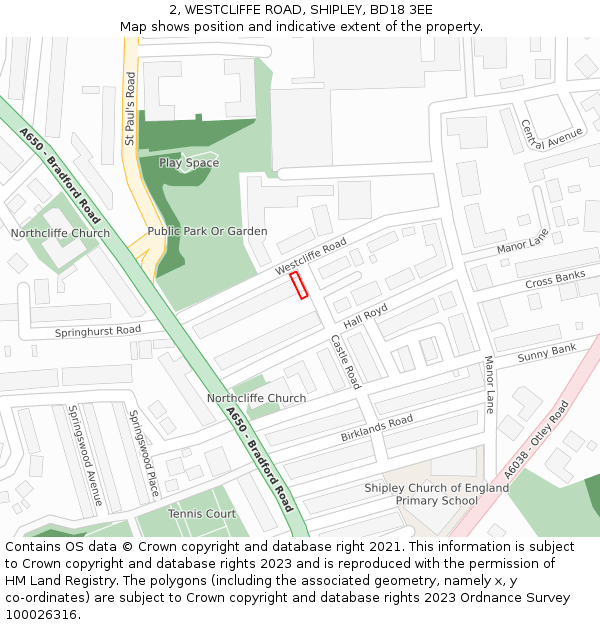 2, WESTCLIFFE ROAD, SHIPLEY, BD18 3EE: Location map and indicative extent of plot