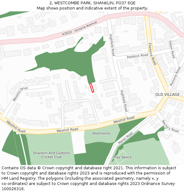 2, WESTCOMBE PARK, SHANKLIN, PO37 6QE: Location map and indicative extent of plot