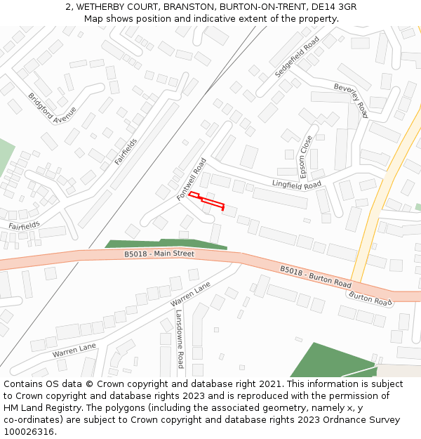 2, WETHERBY COURT, BRANSTON, BURTON-ON-TRENT, DE14 3GR: Location map and indicative extent of plot