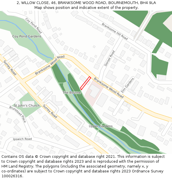 2, WILLOW CLOSE, 46, BRANKSOME WOOD ROAD, BOURNEMOUTH, BH4 9LA: Location map and indicative extent of plot