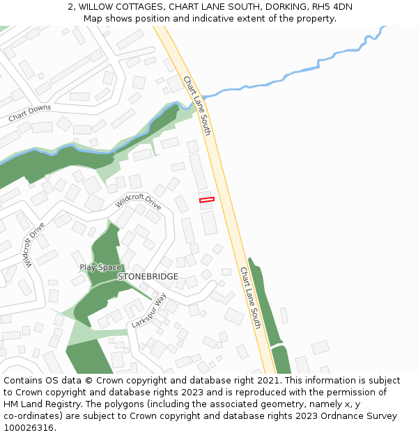 2, WILLOW COTTAGES, CHART LANE SOUTH, DORKING, RH5 4DN: Location map and indicative extent of plot
