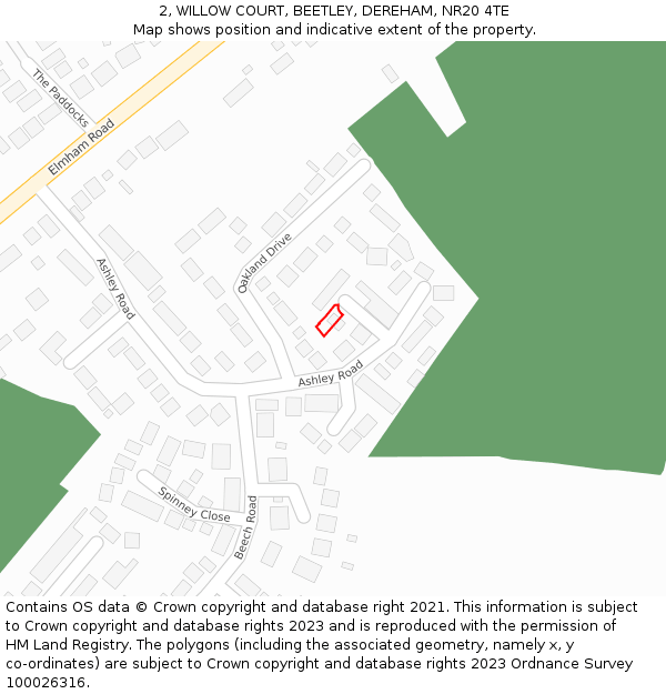 2, WILLOW COURT, BEETLEY, DEREHAM, NR20 4TE: Location map and indicative extent of plot