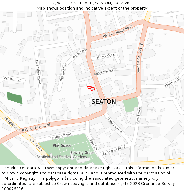 2, WOODBINE PLACE, SEATON, EX12 2RD: Location map and indicative extent of plot