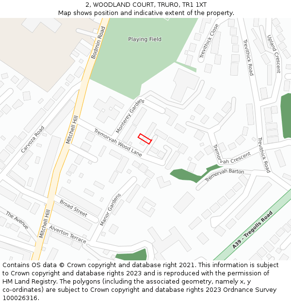2, WOODLAND COURT, TRURO, TR1 1XT: Location map and indicative extent of plot