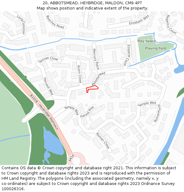 20, ABBOTSMEAD, HEYBRIDGE, MALDON, CM9 4PT: Location map and indicative extent of plot