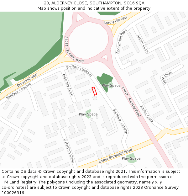 20, ALDERNEY CLOSE, SOUTHAMPTON, SO16 9QA: Location map and indicative extent of plot