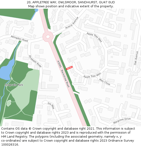 20, APPLETREE WAY, OWLSMOOR, SANDHURST, GU47 0UD: Location map and indicative extent of plot