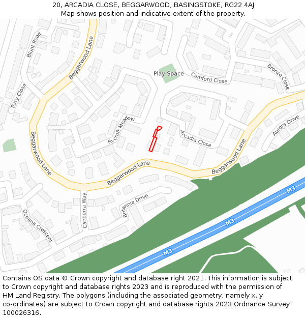 20, ARCADIA CLOSE, BEGGARWOOD, BASINGSTOKE, RG22 4AJ: Location map and indicative extent of plot