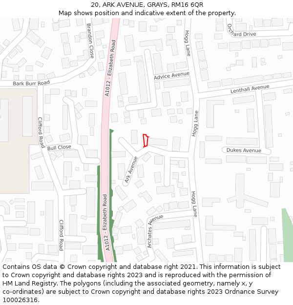 20, ARK AVENUE, GRAYS, RM16 6QR: Location map and indicative extent of plot