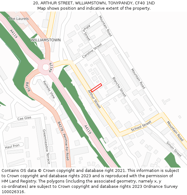 20, ARTHUR STREET, WILLIAMSTOWN, TONYPANDY, CF40 1ND: Location map and indicative extent of plot
