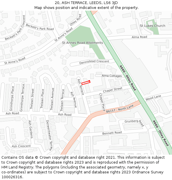 20, ASH TERRACE, LEEDS, LS6 3JD: Location map and indicative extent of plot