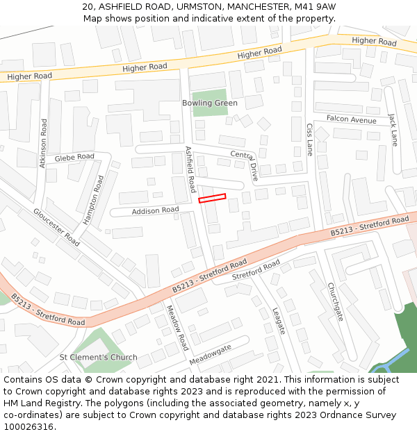 20, ASHFIELD ROAD, URMSTON, MANCHESTER, M41 9AW: Location map and indicative extent of plot
