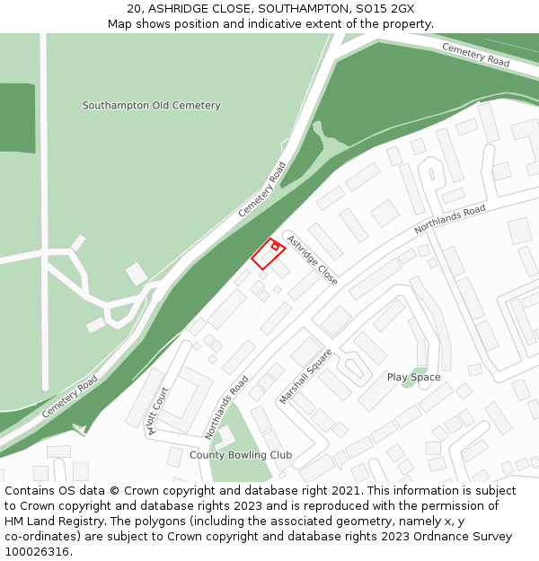 20, ASHRIDGE CLOSE, SOUTHAMPTON, SO15 2GX: Location map and indicative extent of plot