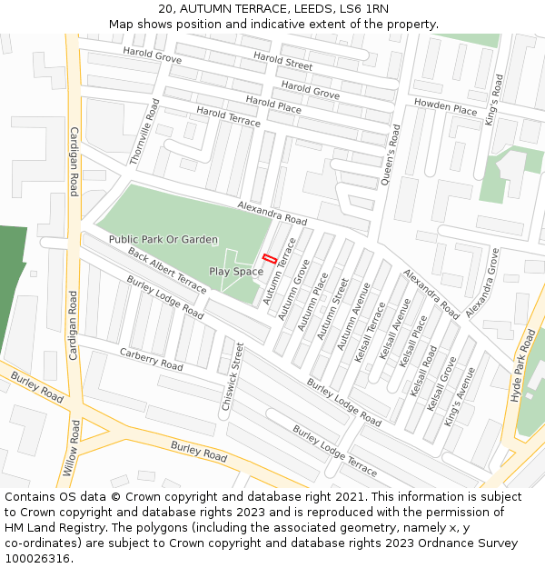 20, AUTUMN TERRACE, LEEDS, LS6 1RN: Location map and indicative extent of plot