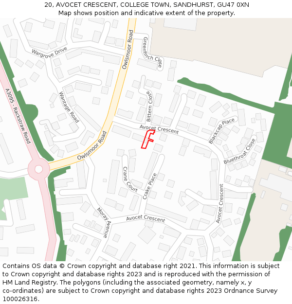 20, AVOCET CRESCENT, COLLEGE TOWN, SANDHURST, GU47 0XN: Location map and indicative extent of plot