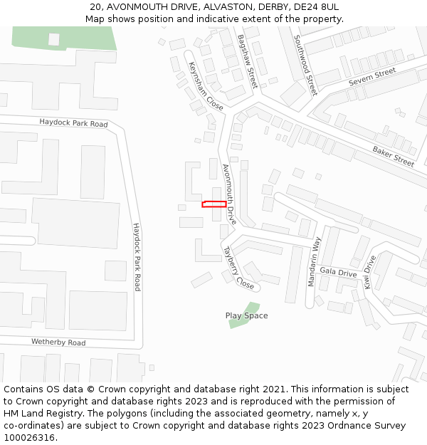 20, AVONMOUTH DRIVE, ALVASTON, DERBY, DE24 8UL: Location map and indicative extent of plot
