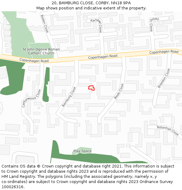 20, BAMBURG CLOSE, CORBY, NN18 9PA: Location map and indicative extent of plot