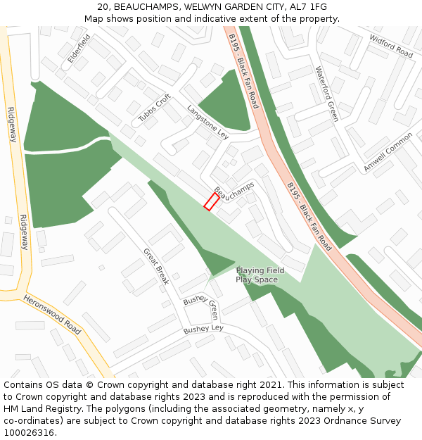 20, BEAUCHAMPS, WELWYN GARDEN CITY, AL7 1FG: Location map and indicative extent of plot