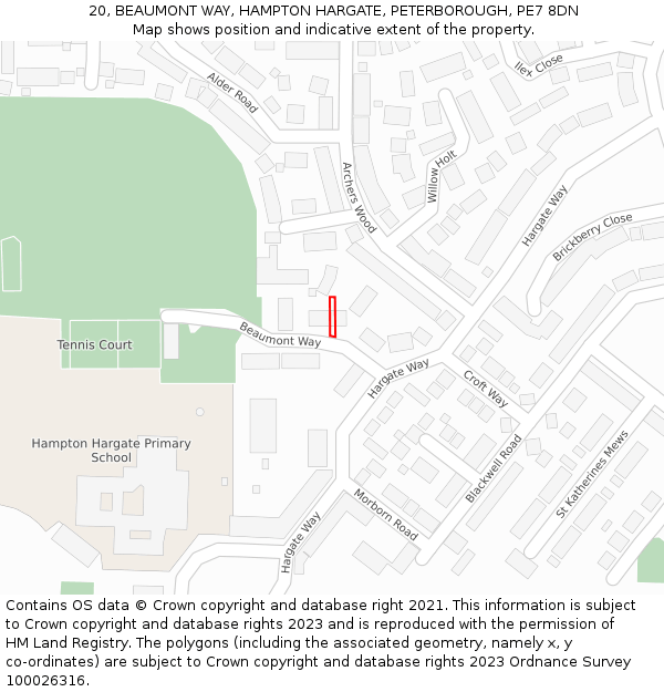 20, BEAUMONT WAY, HAMPTON HARGATE, PETERBOROUGH, PE7 8DN: Location map and indicative extent of plot