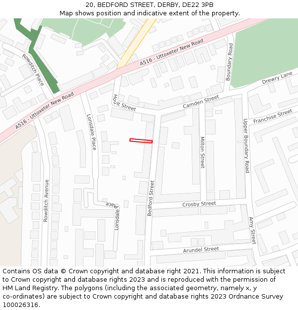 20, BEDFORD STREET, DERBY, DE22 3PB: Location map and indicative extent of plot