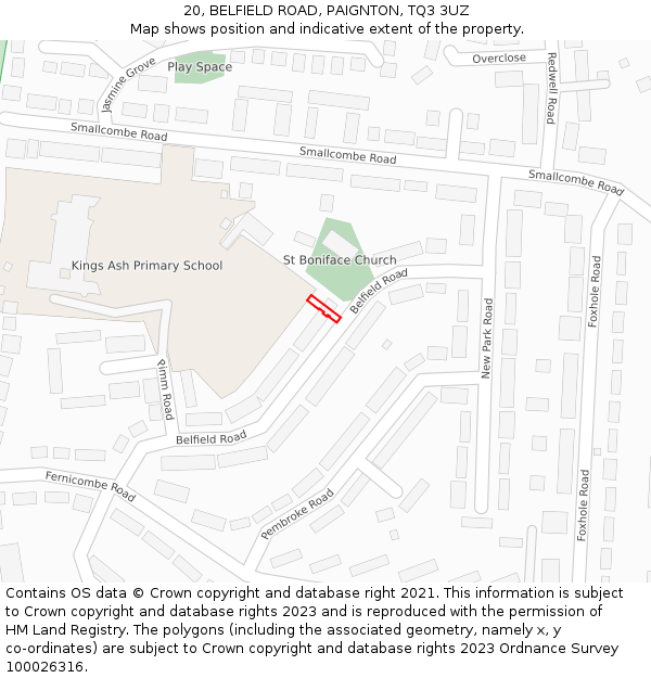 20, BELFIELD ROAD, PAIGNTON, TQ3 3UZ: Location map and indicative extent of plot
