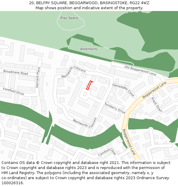 20, BELFRY SQUARE, BEGGARWOOD, BASINGSTOKE, RG22 4WZ: Location map and indicative extent of plot