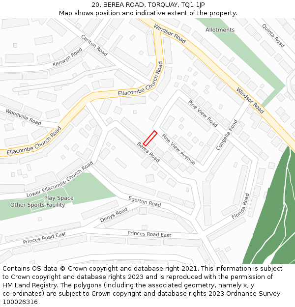20, BEREA ROAD, TORQUAY, TQ1 1JP: Location map and indicative extent of plot