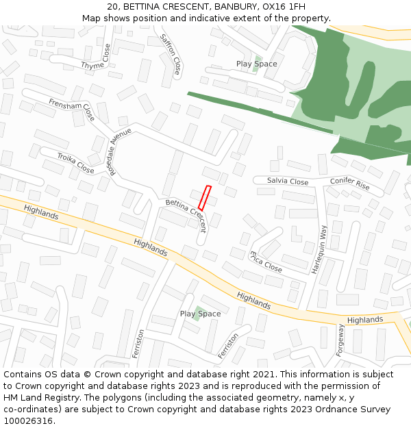 20, BETTINA CRESCENT, BANBURY, OX16 1FH: Location map and indicative extent of plot