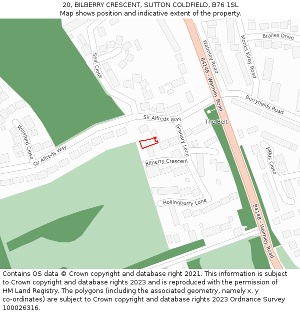 20, BILBERRY CRESCENT, SUTTON COLDFIELD, B76 1SL: Location map and indicative extent of plot